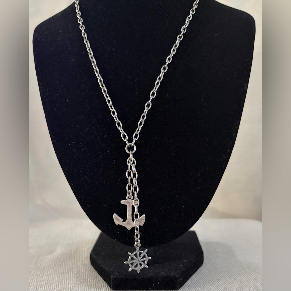 Silver Anchor & Wheel Lariat Necklace